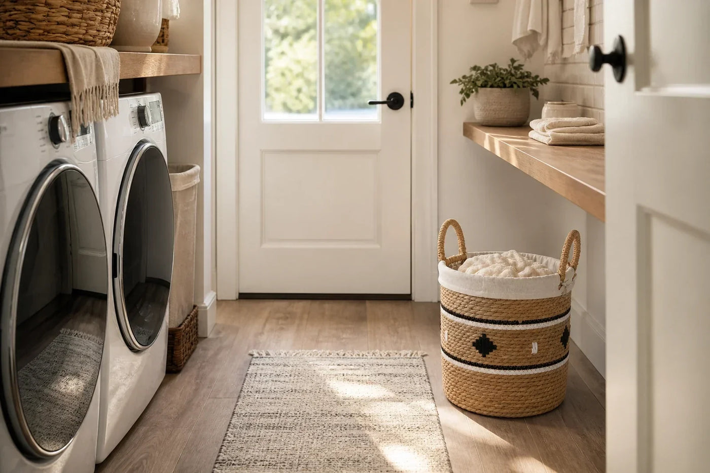 Woven grass laundry basket in a small laundry room with washer and dryer, clear walking space, and a folding counter