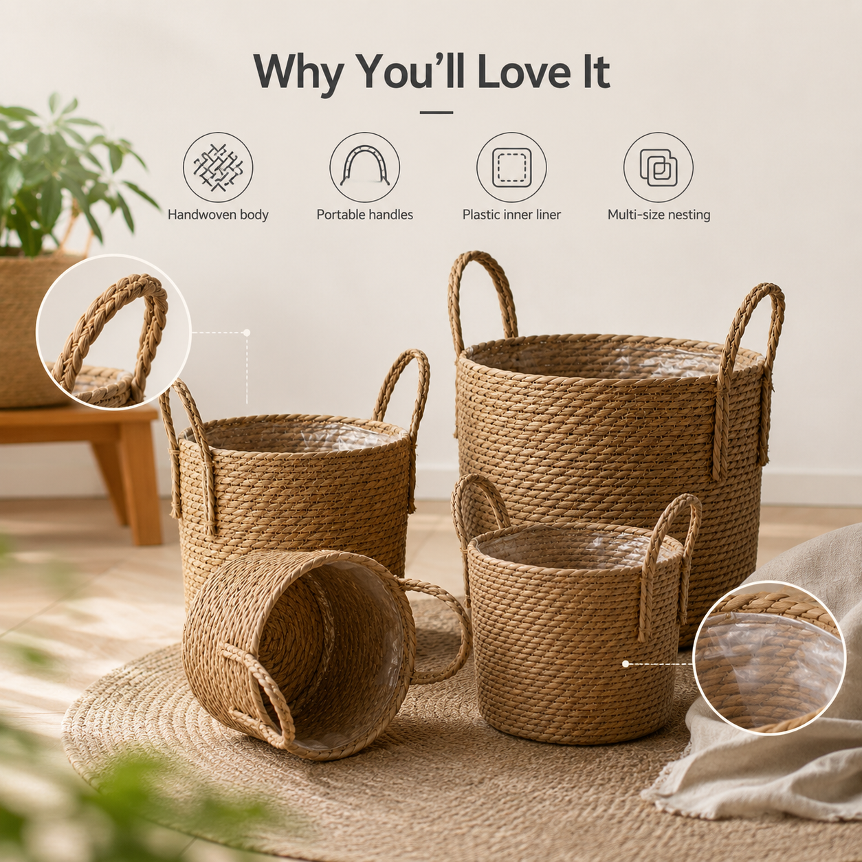 Natural Woven Planter Basket with Handles & Liner