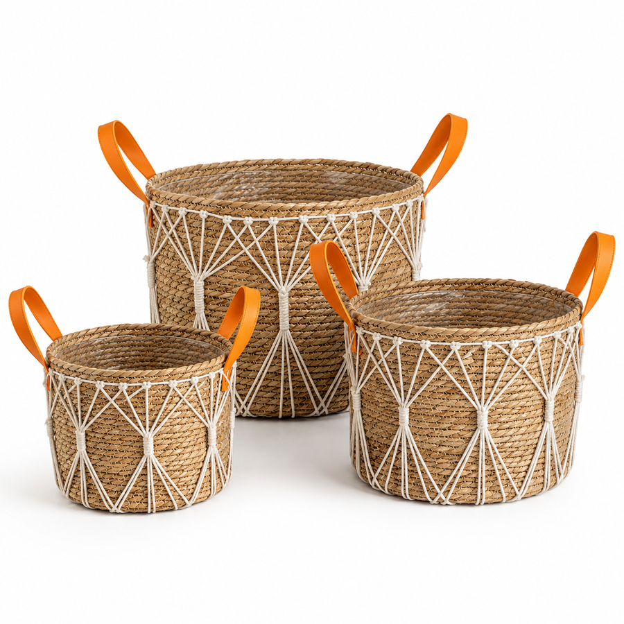Natural Grass Woven Storage Basket with PU Handles