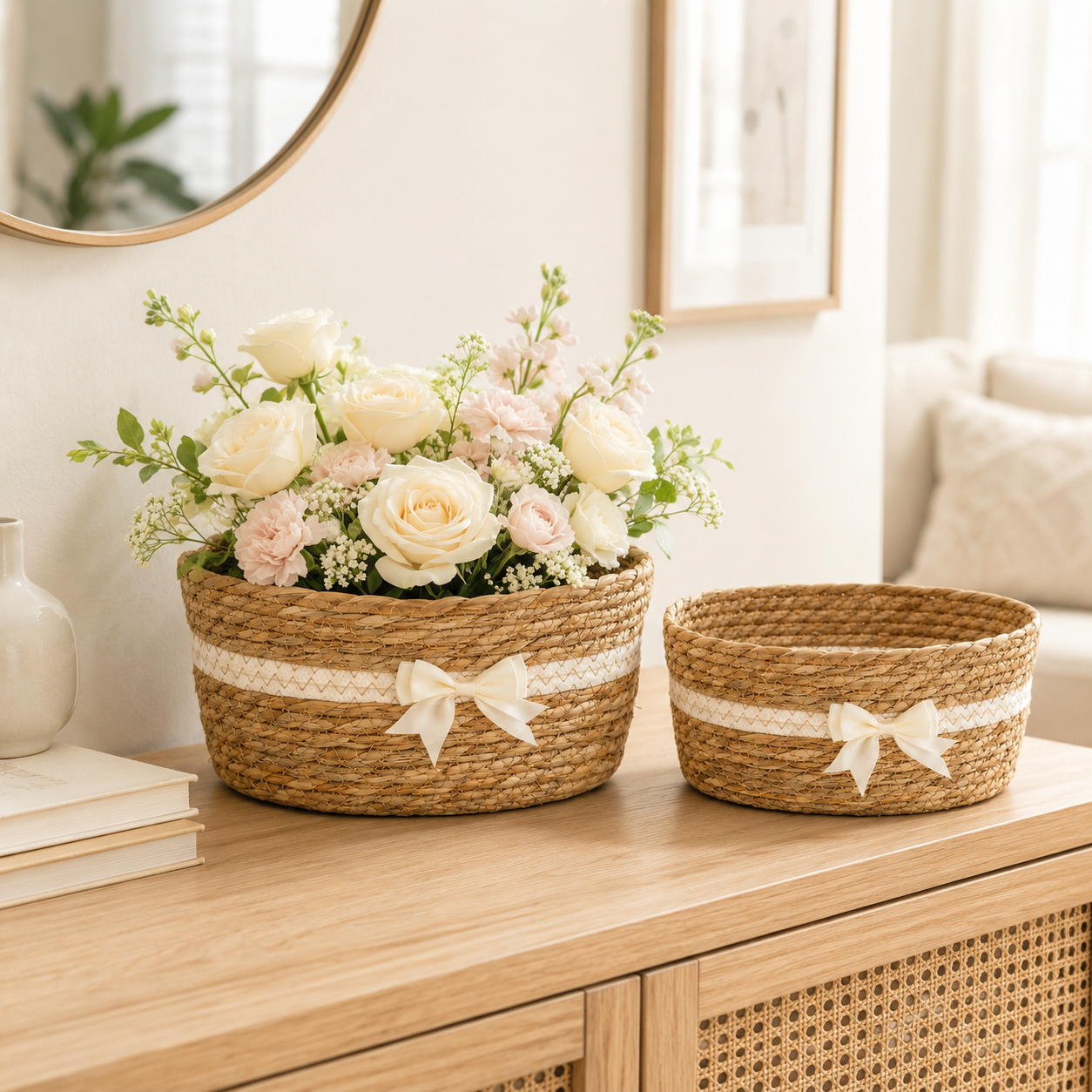 Natural Cattail Storage Basket with Bow | 2 Sizes