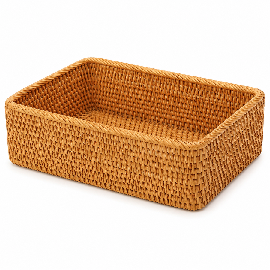 Rectangular rattan storage basket on a white background