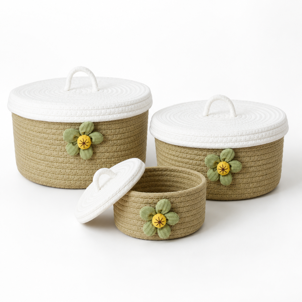 Round Cotton Rope Storage Basket with Lid & Flower | 3 Sizes
