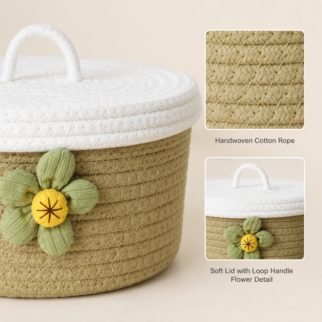 Round Cotton Rope Storage Basket with Lid & Flower | 3 Sizes