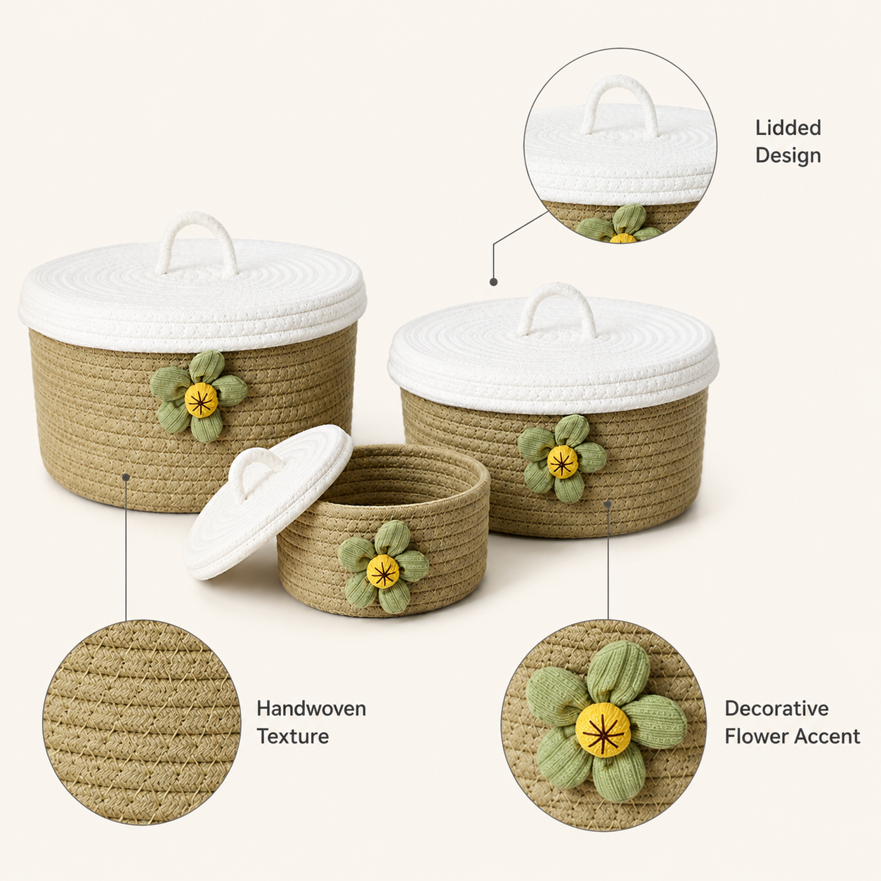 Round Cotton Rope Storage Basket with Lid & Flower | 3 Sizes