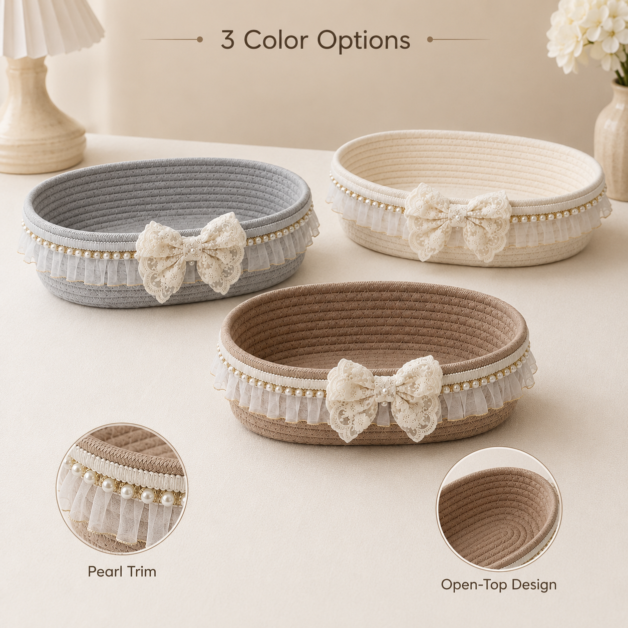Lace Cotton Rope Storage Basket with Bow | 27cm