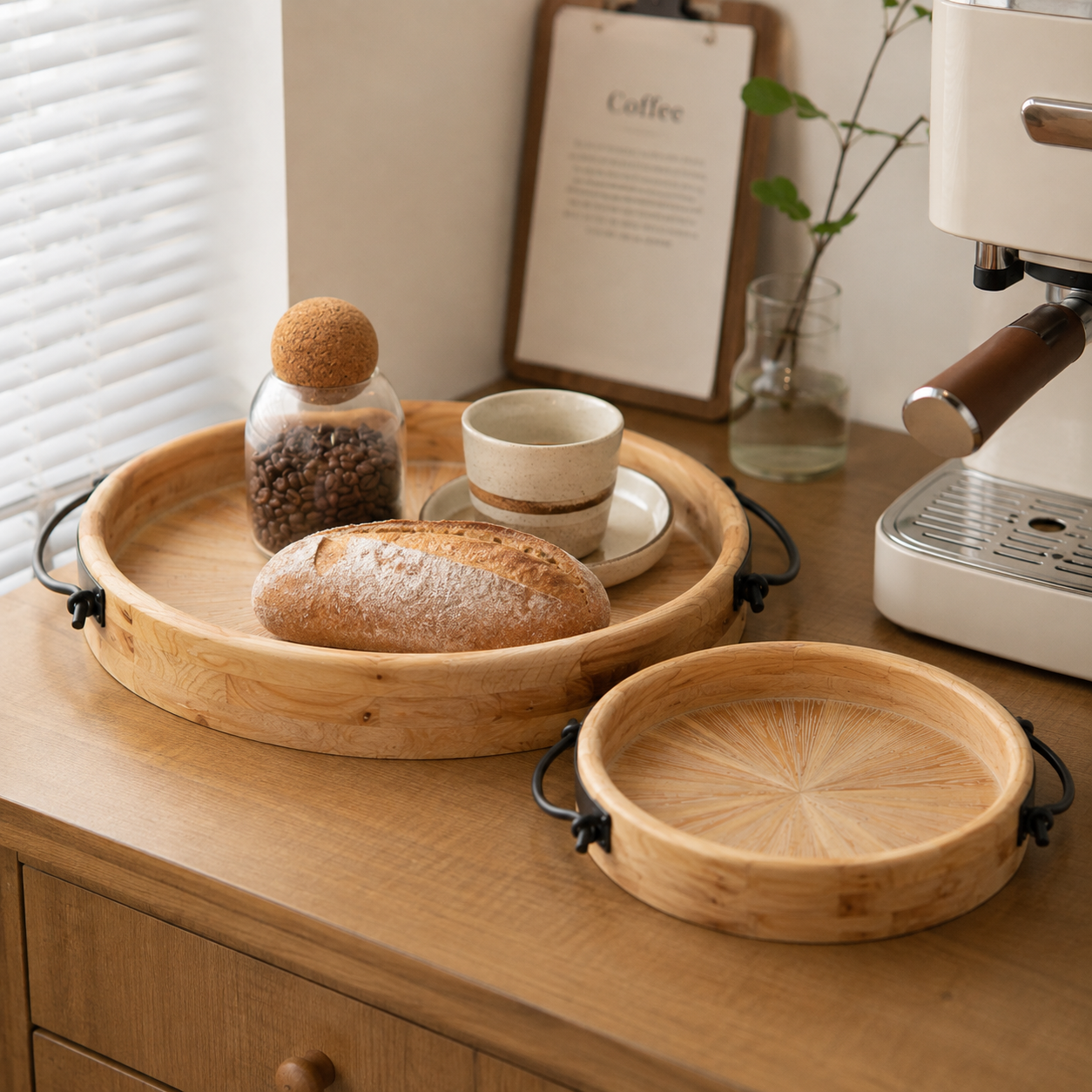Round Wooden Serving Tray with Metal Handles | 2 Sizes