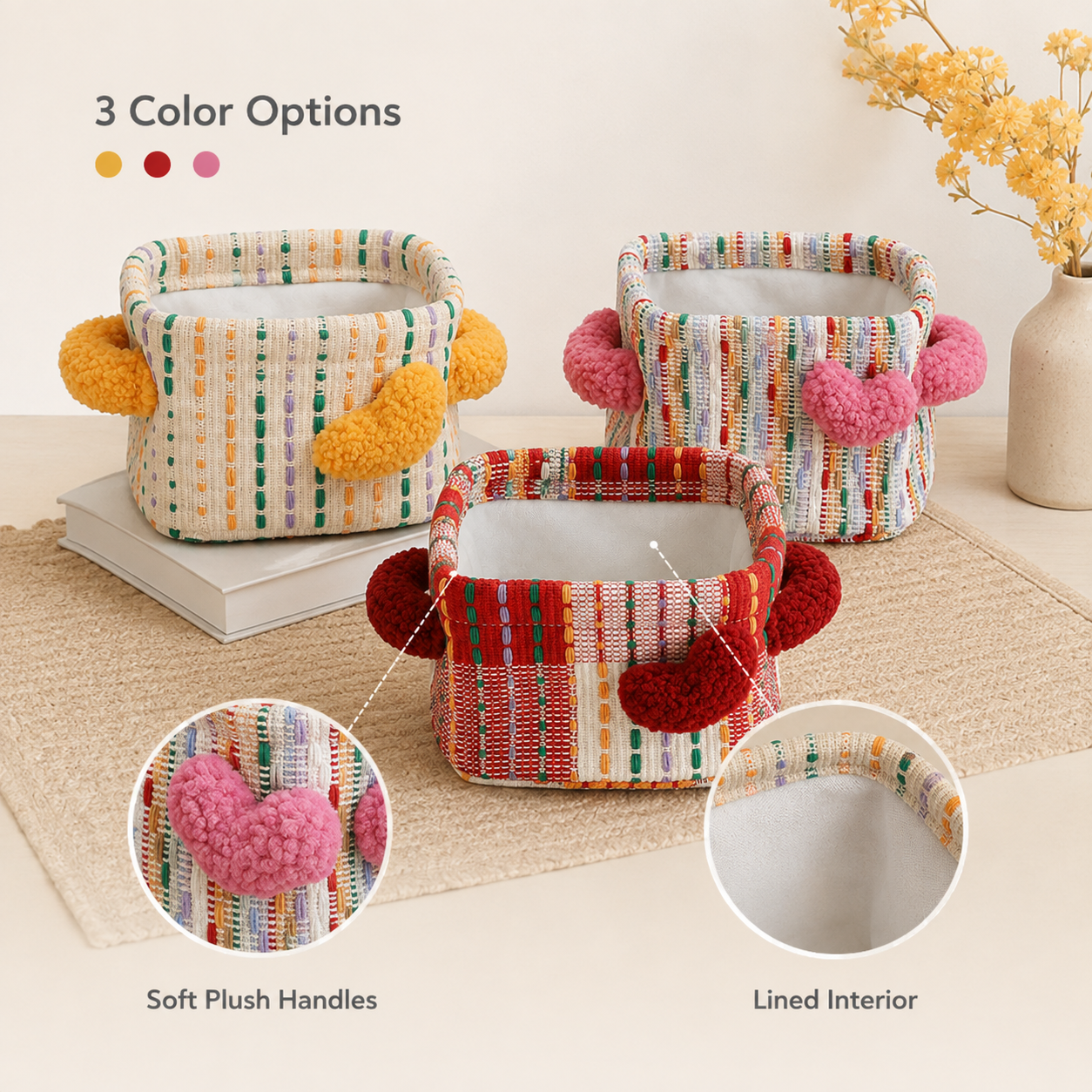 Colorful Woven Storage Basket with Plush Hearts | 3 Colors