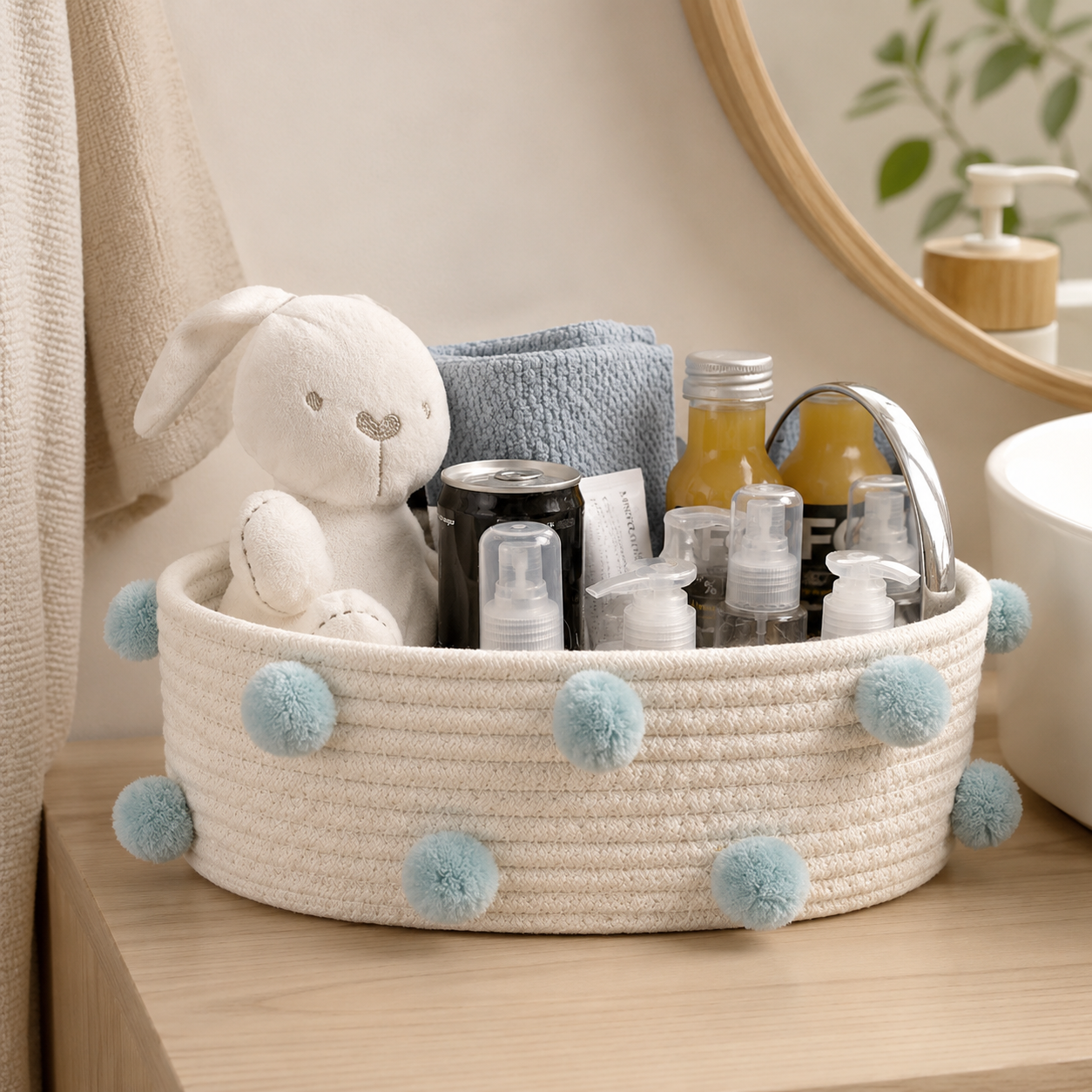 Blue Pom Pom Cotton Rope Storage Basket | 2 Sizes