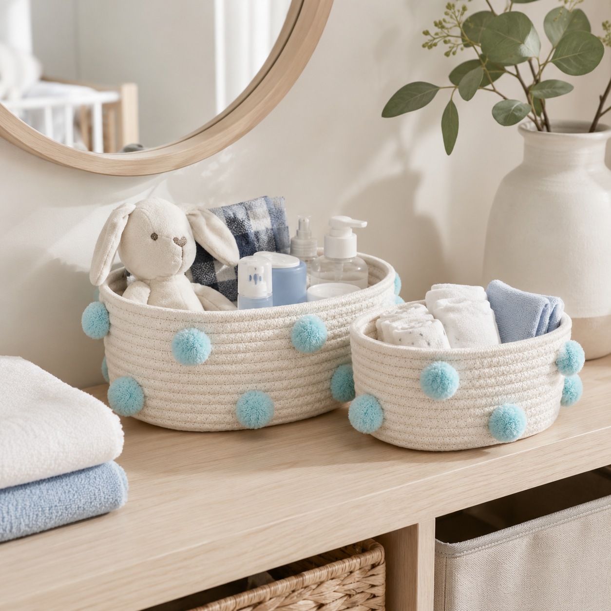 Blue Pom Pom Cotton Rope Storage Basket | 2 Sizes