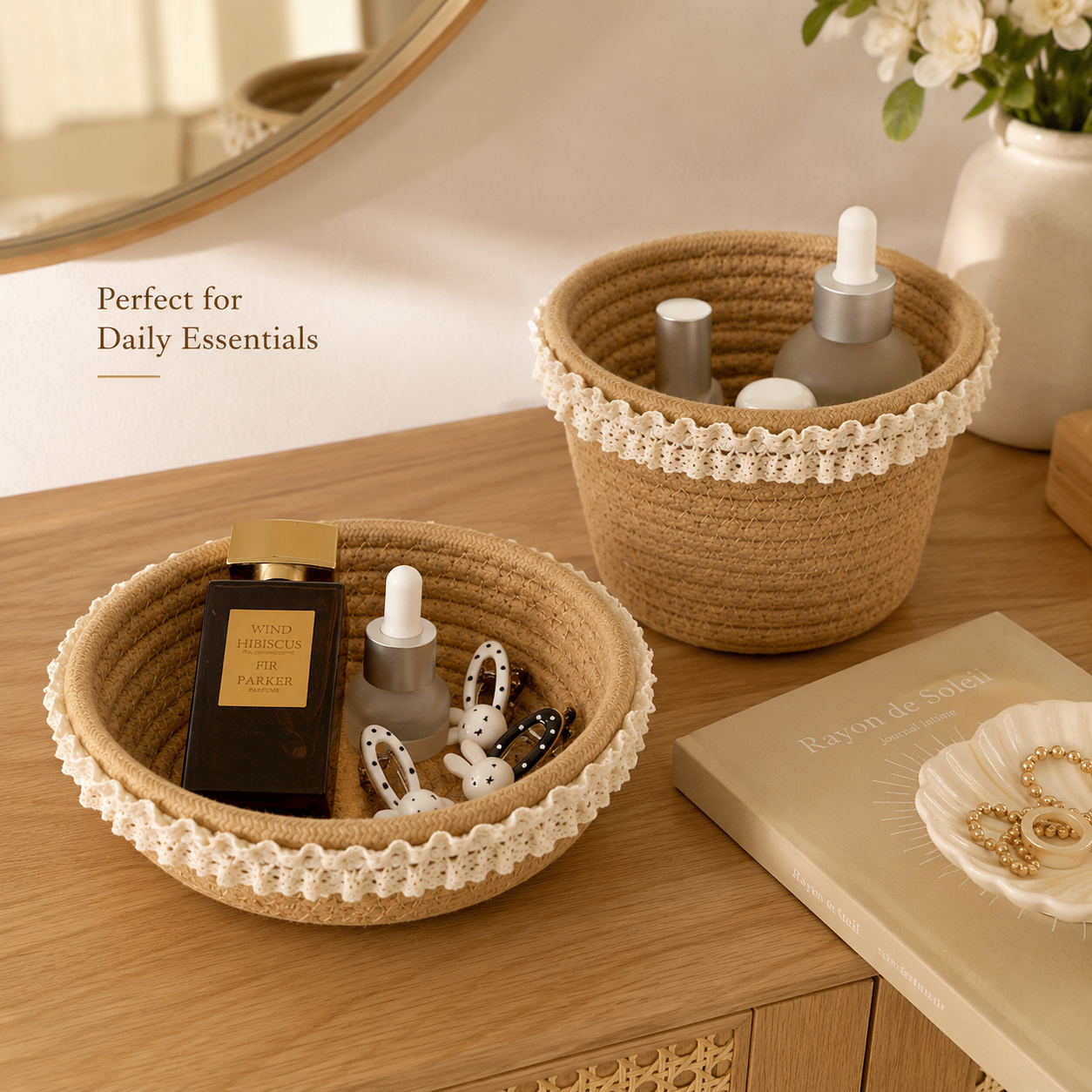 Cotton Rope Storage Basket with Lace Trim | 2 Styles