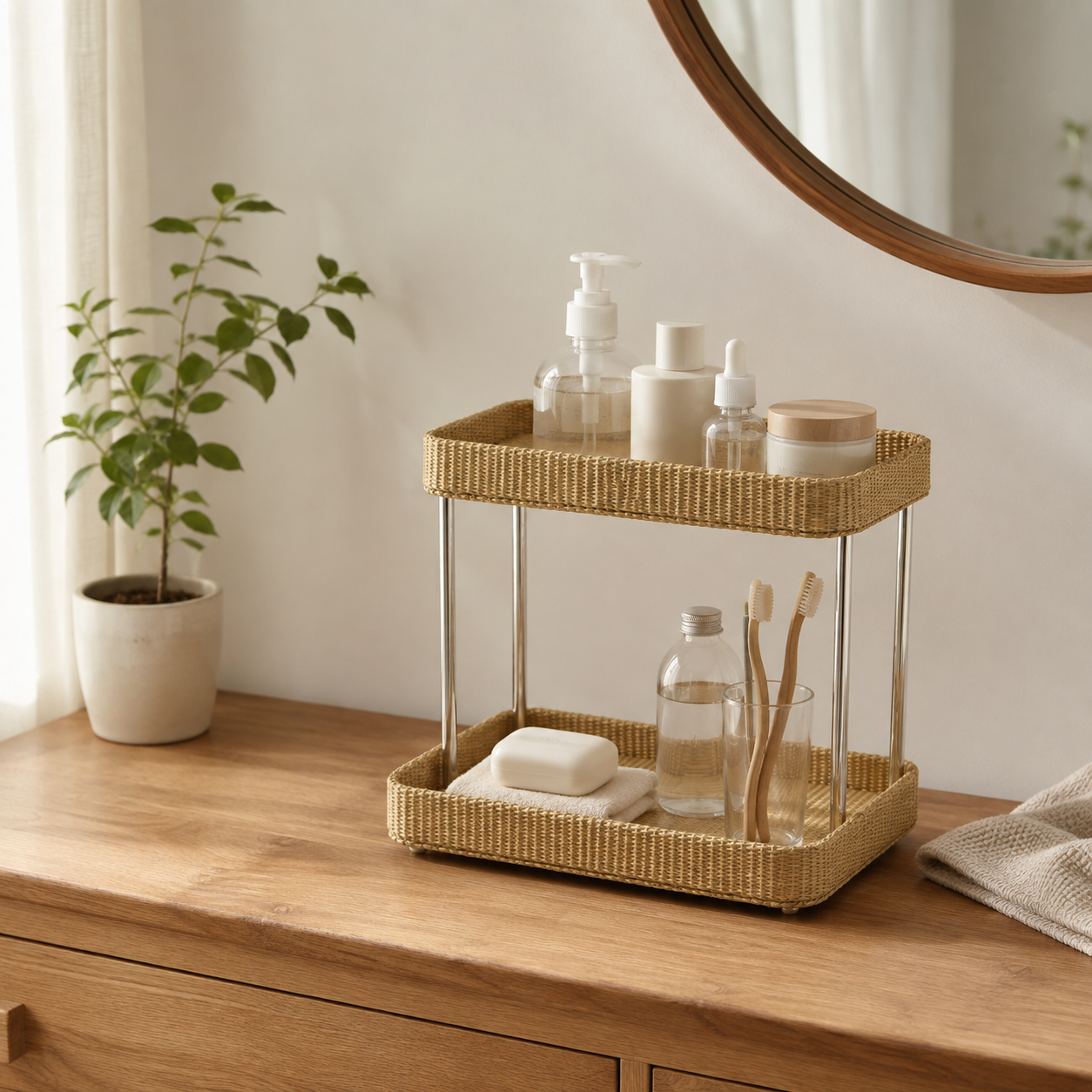 2-Tier Woven Storage Rack with Grass Woven Trays | Countertop Organizer