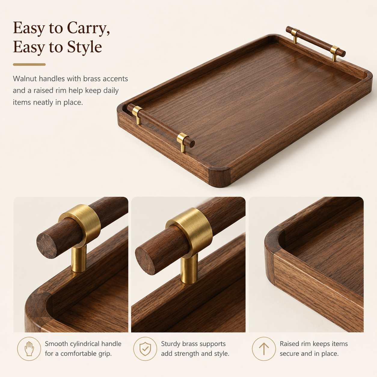 Black Walnut Serving Tray with Brass Handles | 3 Sizes