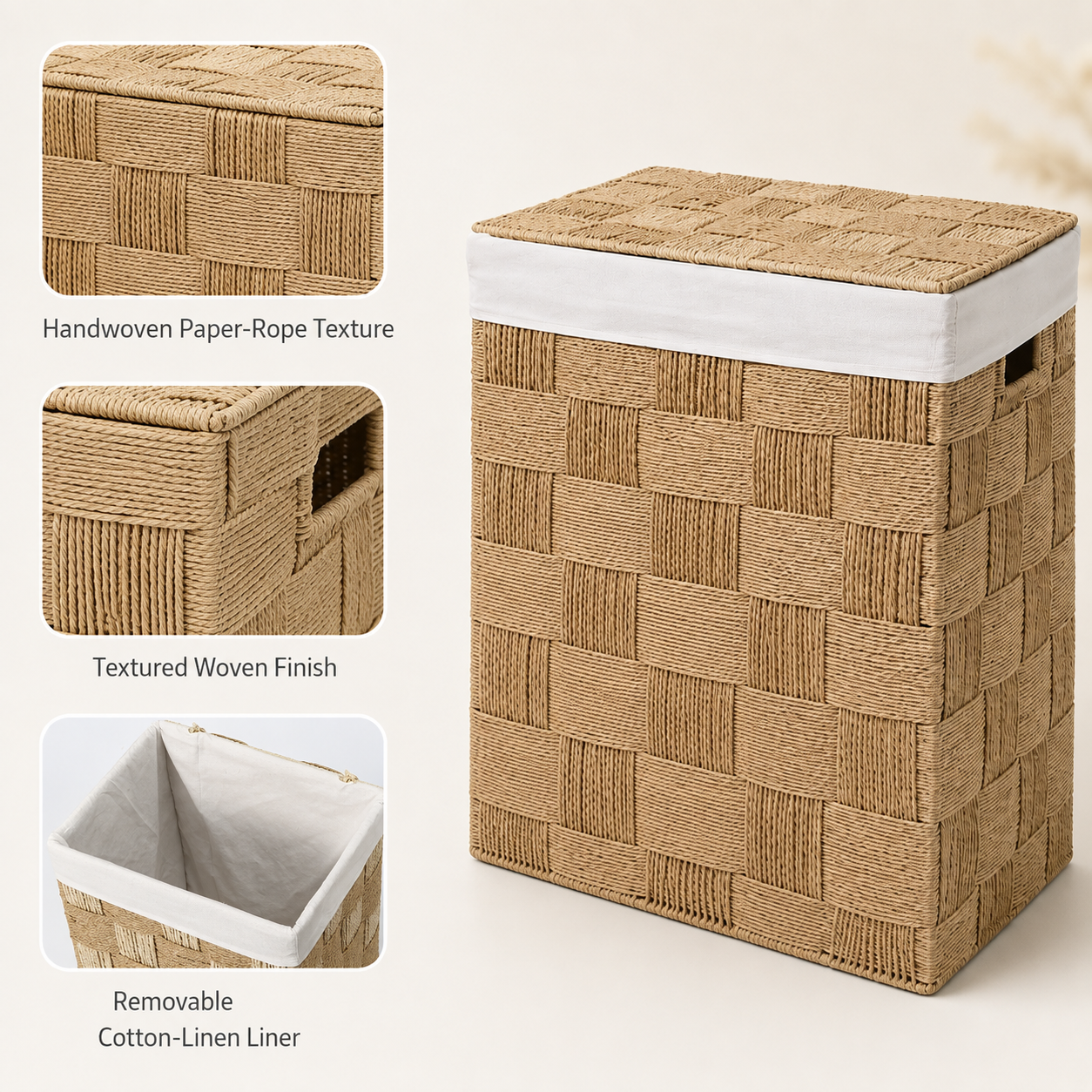 Handwoven Paper Rope Laundry Hamper with Lid & Removable Liner – 2 Sizes