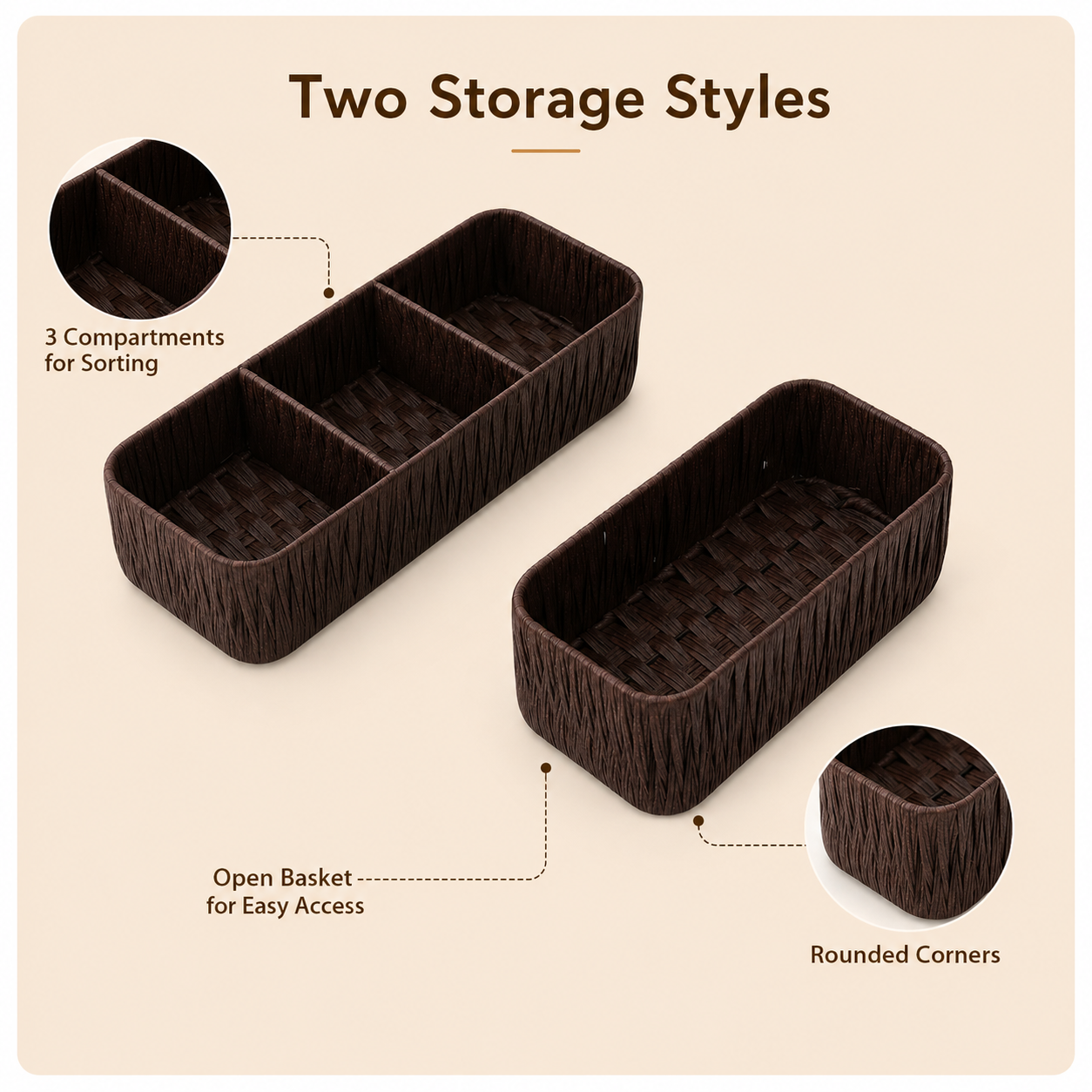 Faux Rattan Desktop Storage Basket – Woven Organizer with Divided & Open Styles