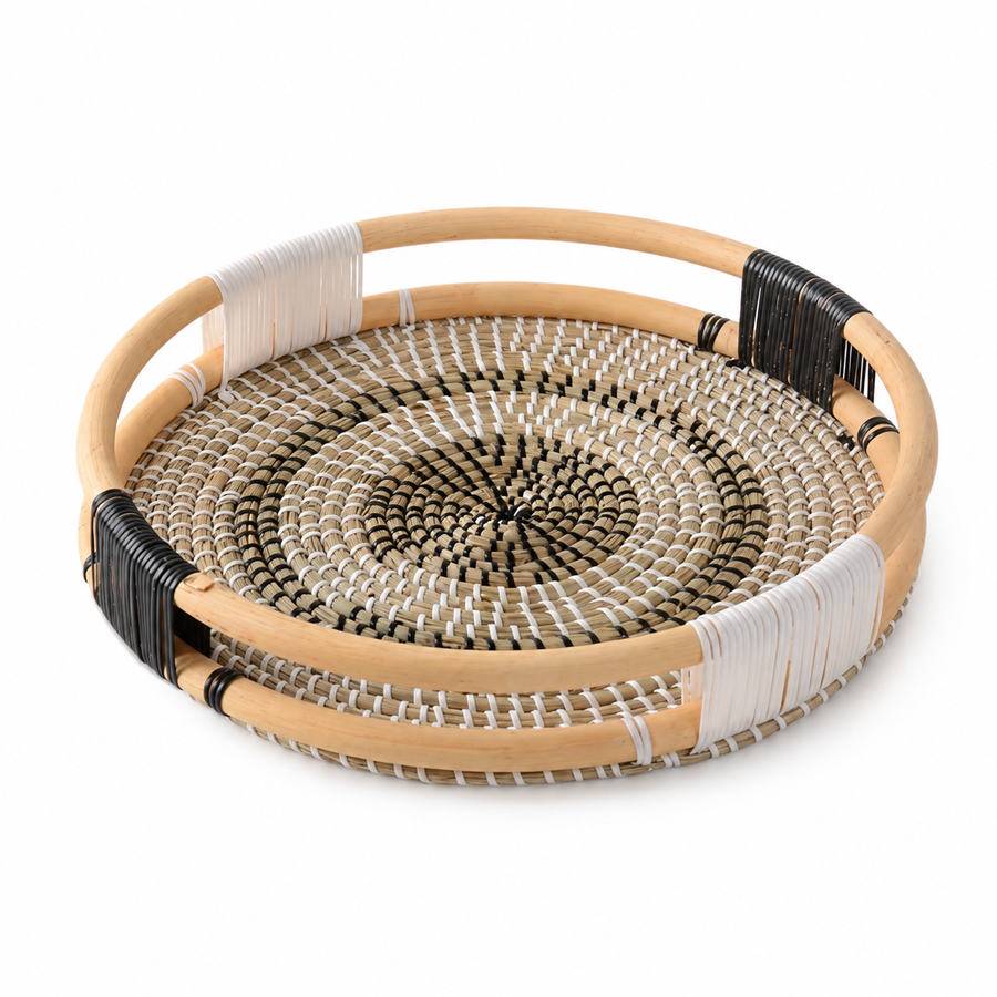 Round Rattan Serving Tray, 38cm Woven Decorative Tray