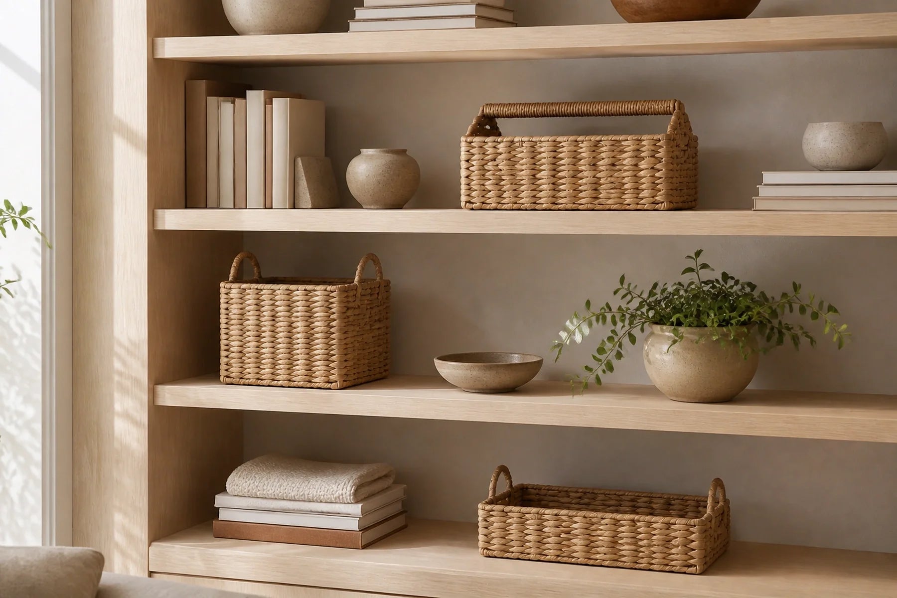 How to Organize Open Shelves with Woven Storage Baskets