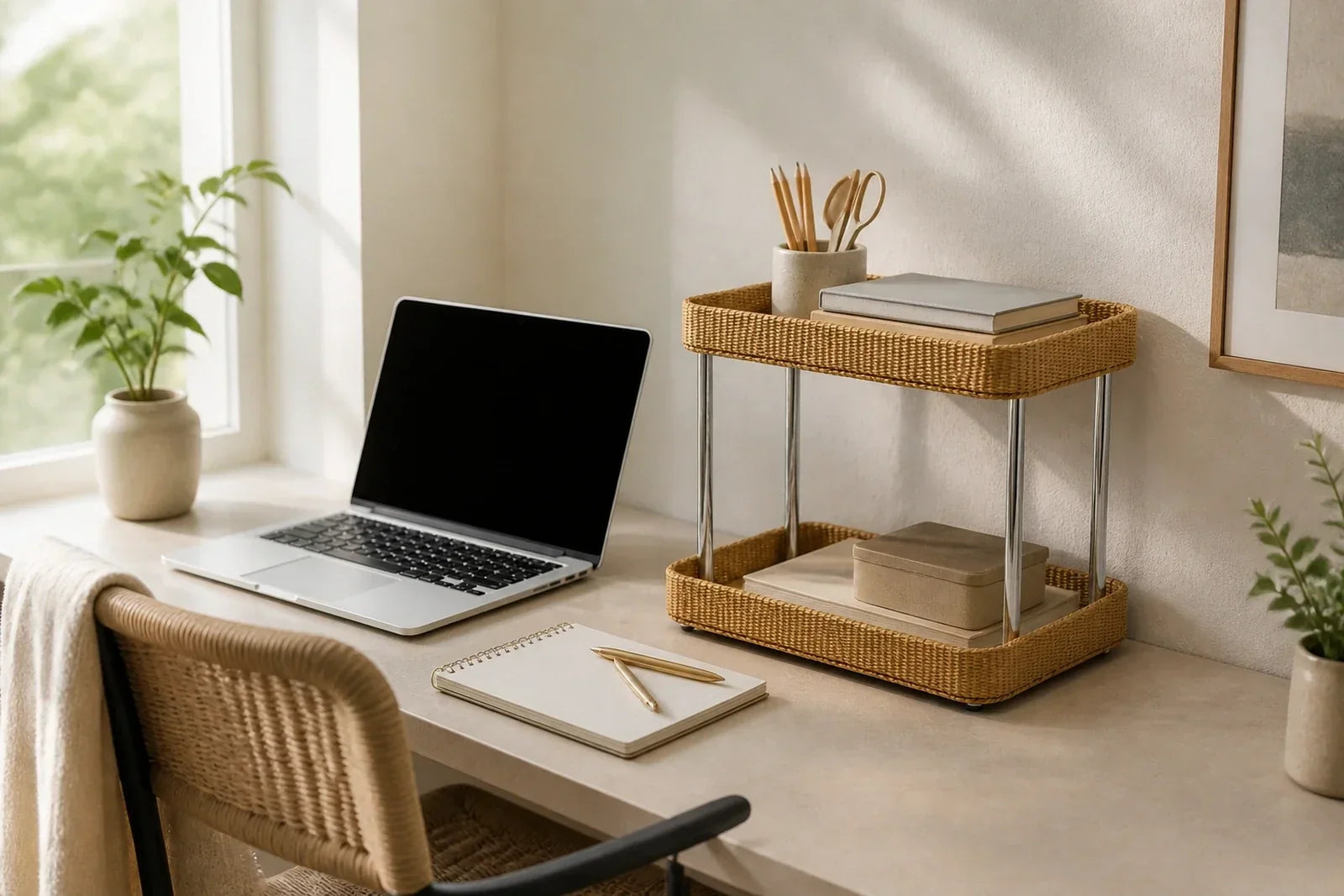 How to Organize a Small Desk with a Two-Tier Woven Storage Rack