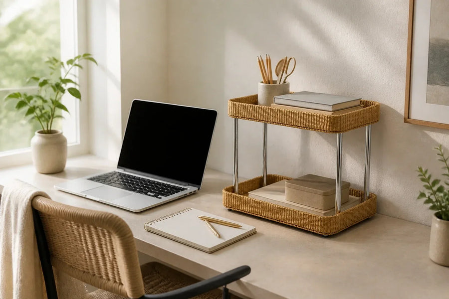 Two-tier woven storage rack beside a laptop on a small desk