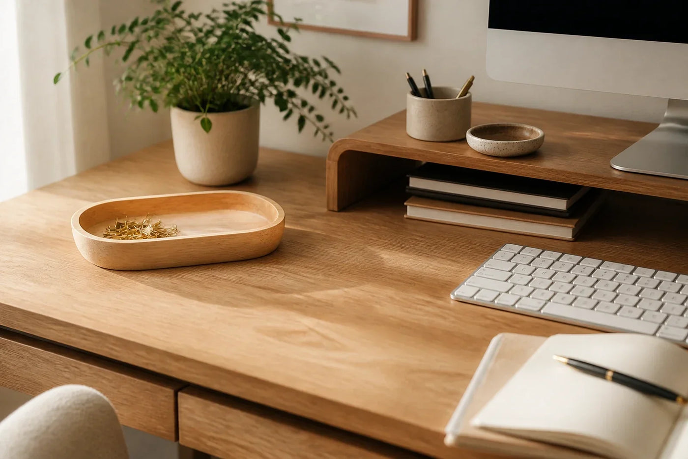 Wooden catchall tray beside a keyboard on a clear small desk in a warm home office