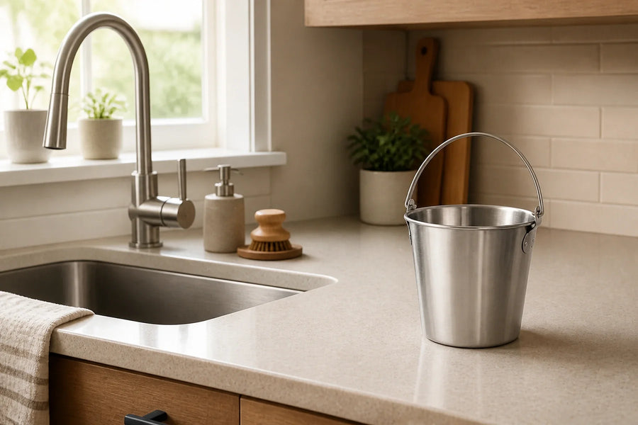 Small kitchen cleaning station beside the sink