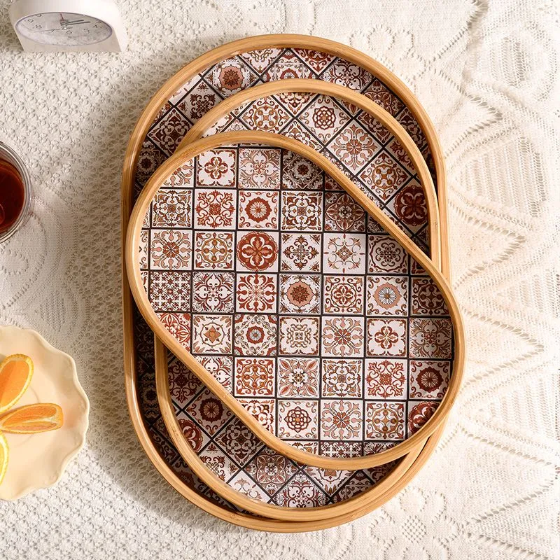 Oval Bamboo Serving Tray with Bohemian Pattern tabletop or shelf display