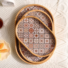 Oval Bamboo Serving Tray with Bohemian Pattern tabletop or shelf display