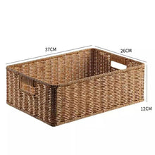 Rectangular Wicker Basket for Shelf Storage styled in a natural home setting