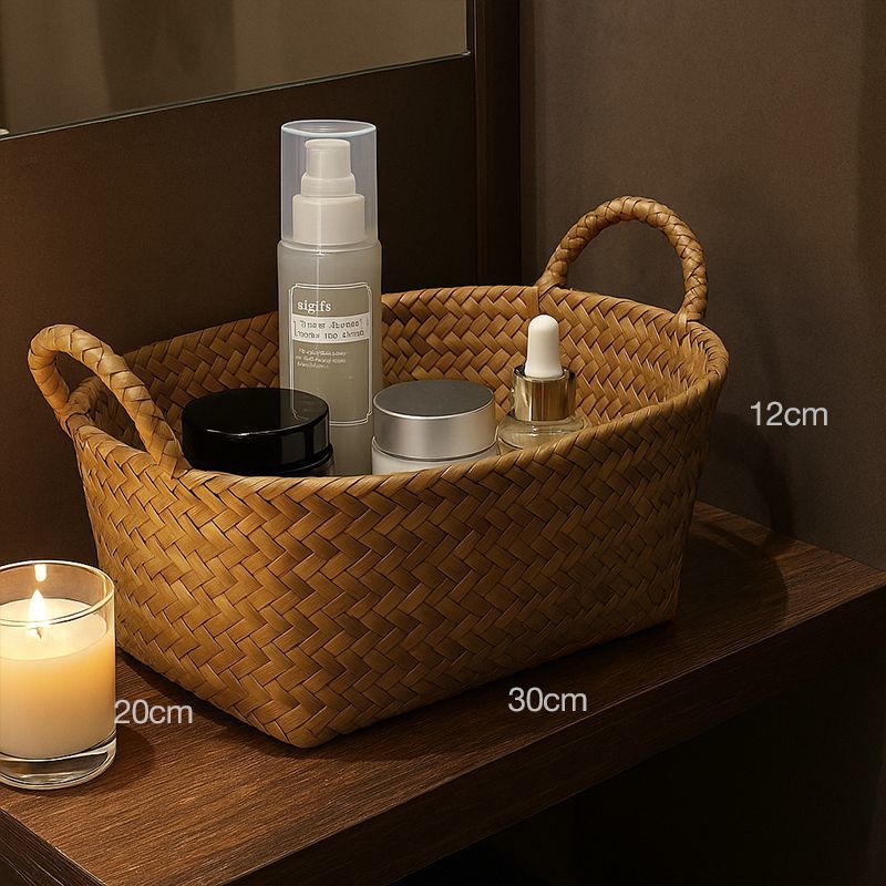 Woven Rattan Storage Basket with Handles tabletop or shelf display
