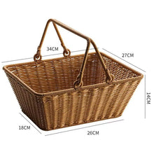 Medium woven picnic basket size diagram with a 34 by 27 cm top and 14 cm height