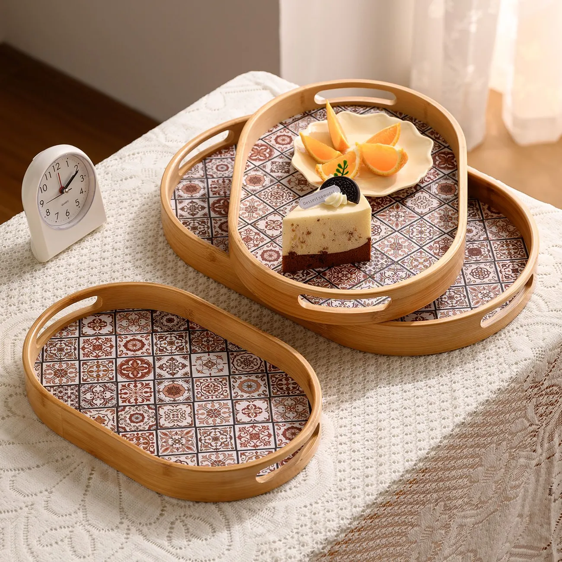 Oval Bamboo Serving Tray with Bohemian Pattern close-up texture