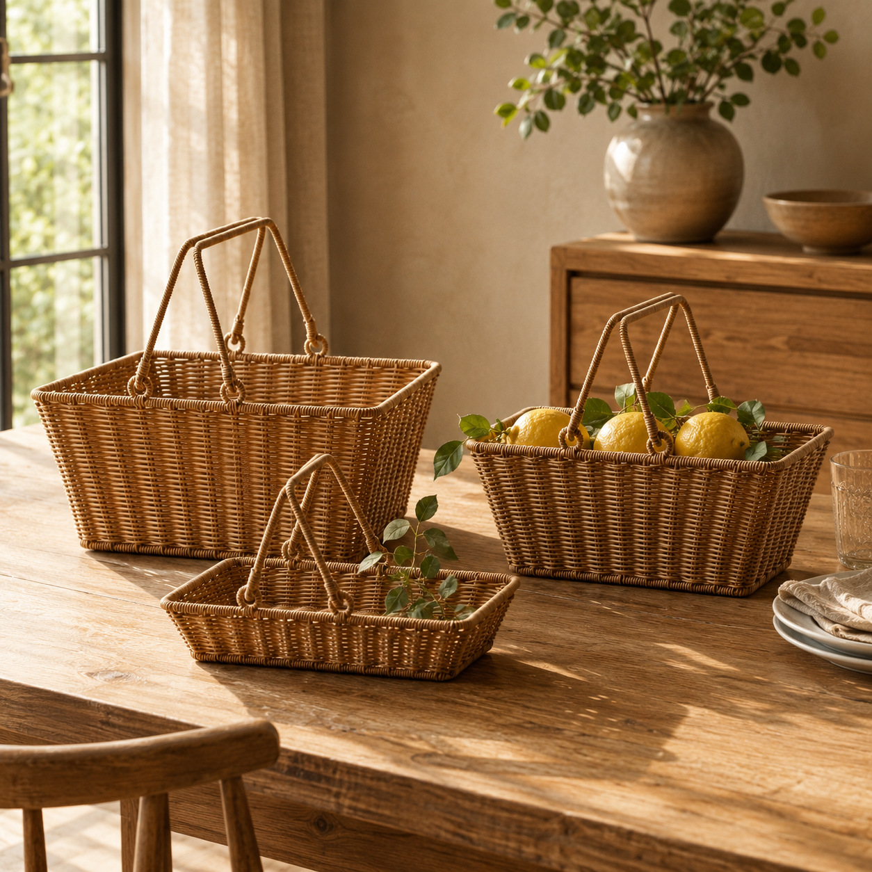 Woven picnic baskets with fruit and table linens on a dining table