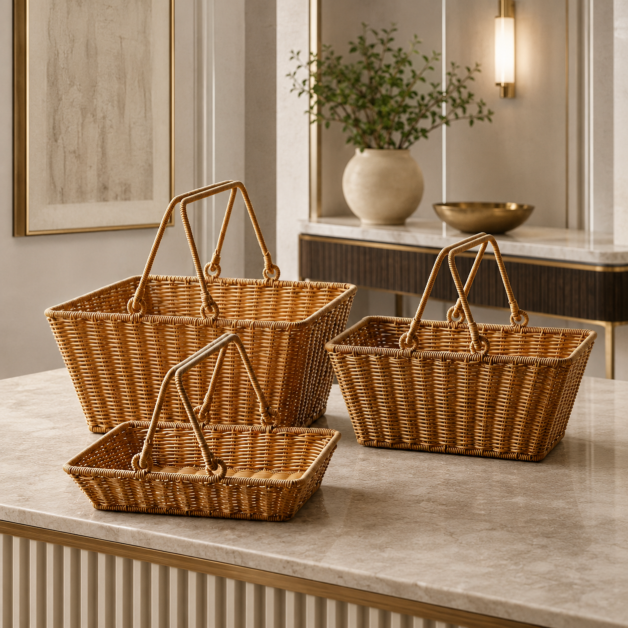Small, medium, and large woven picnic baskets with handles on a console