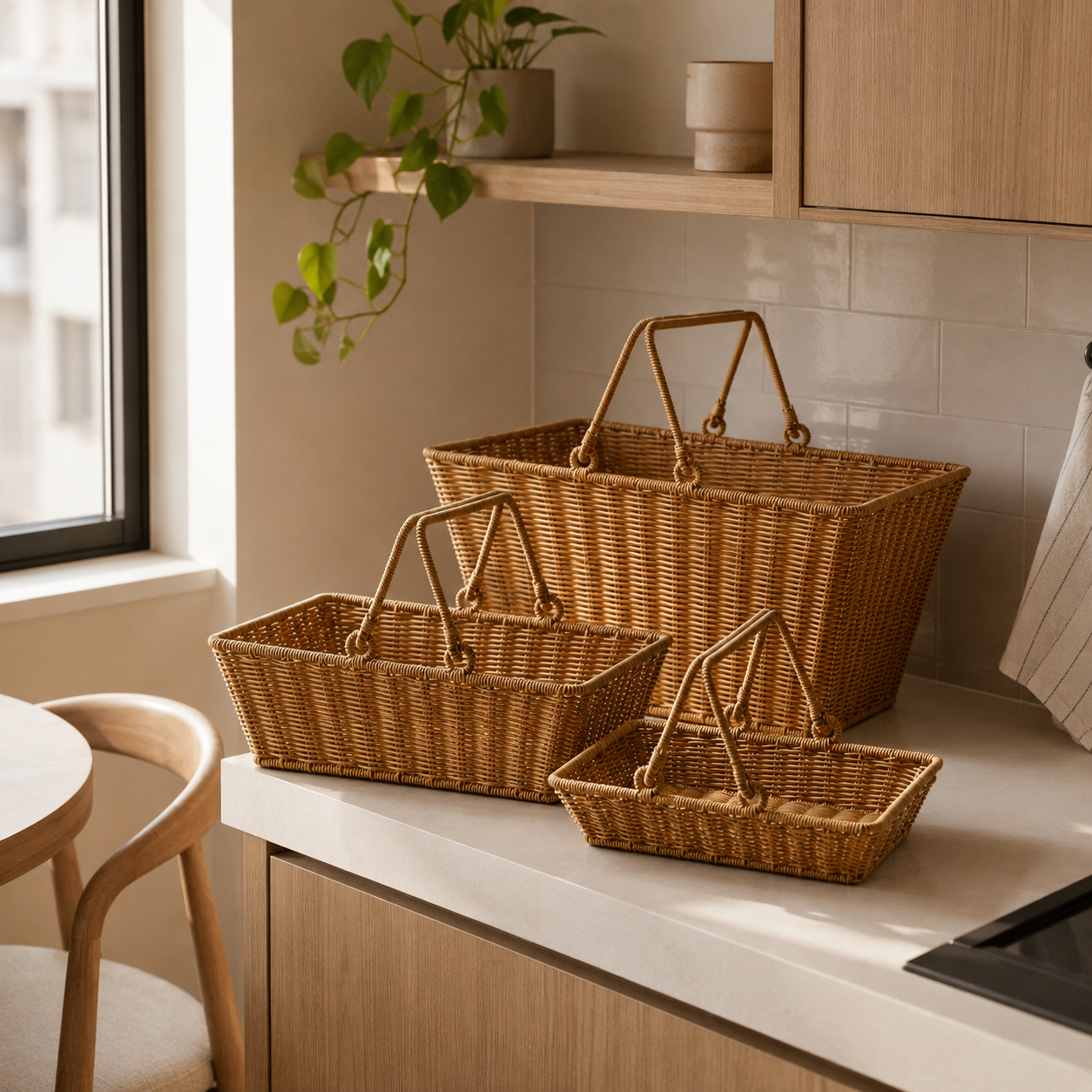 Three sizes of woven handled baskets arranged on a kitchen counter