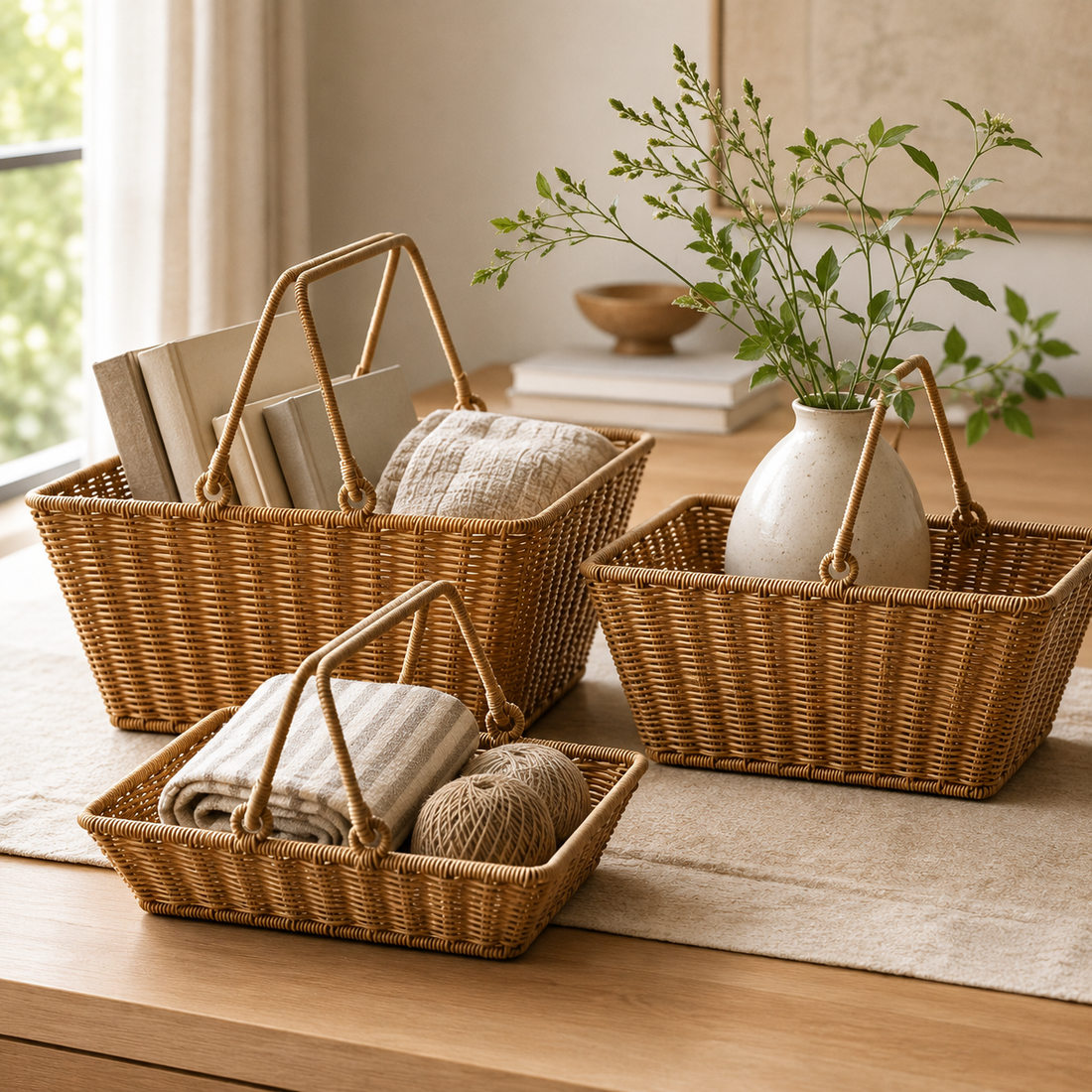 Woven handled baskets holding books, textiles, and a vase on a table