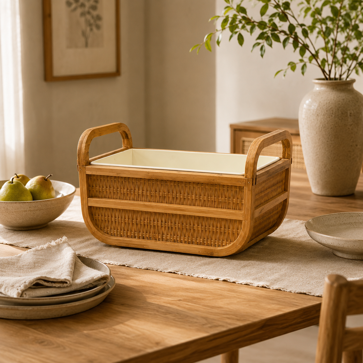 Handled Woven Storage Basket for Tabletop Display styled in a natural home setting