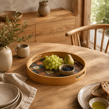 Round Bamboo Serving Tray with Bohemian Pattern tabletop or shelf display