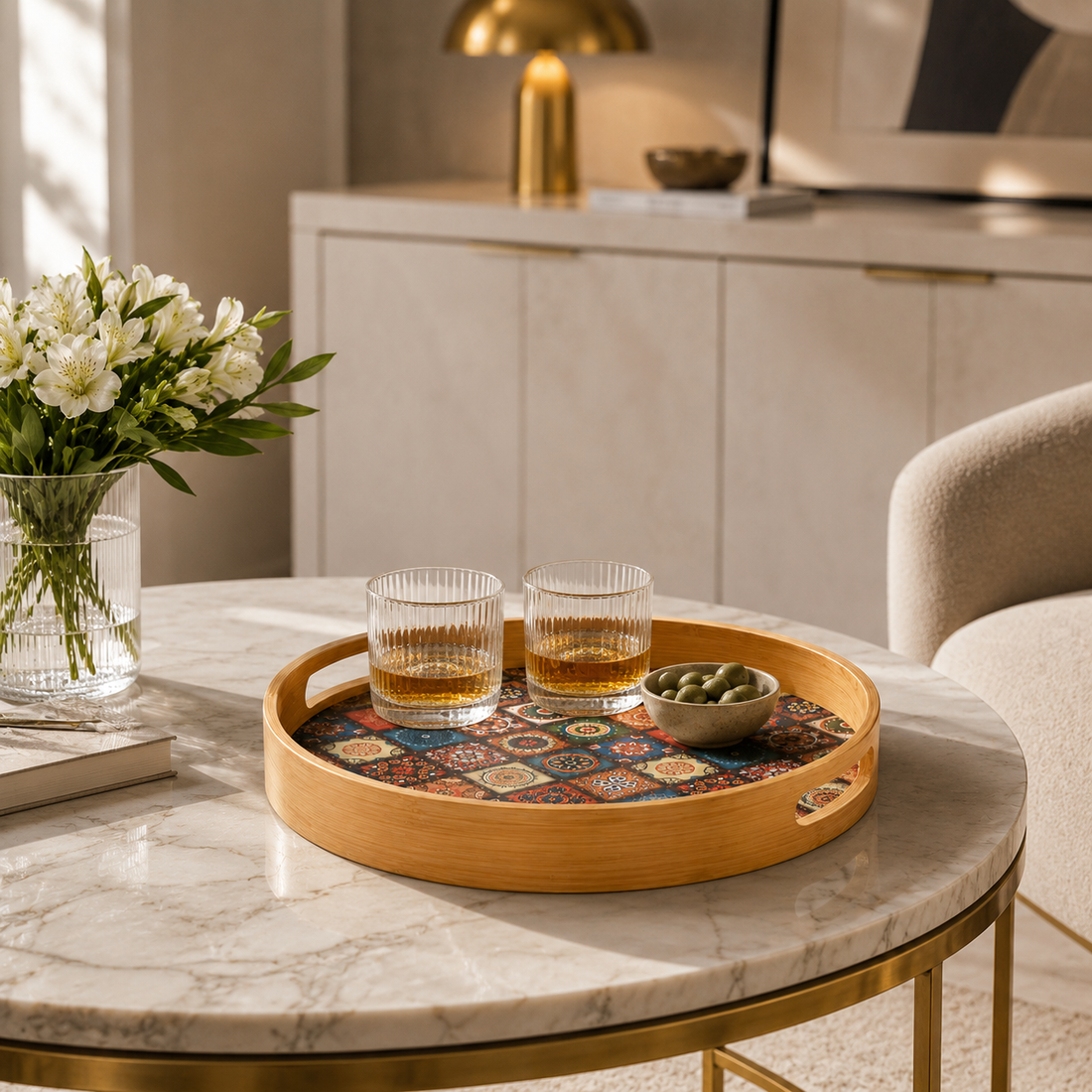 Round Bamboo Serving Tray with Bohemian Pattern close-up texture