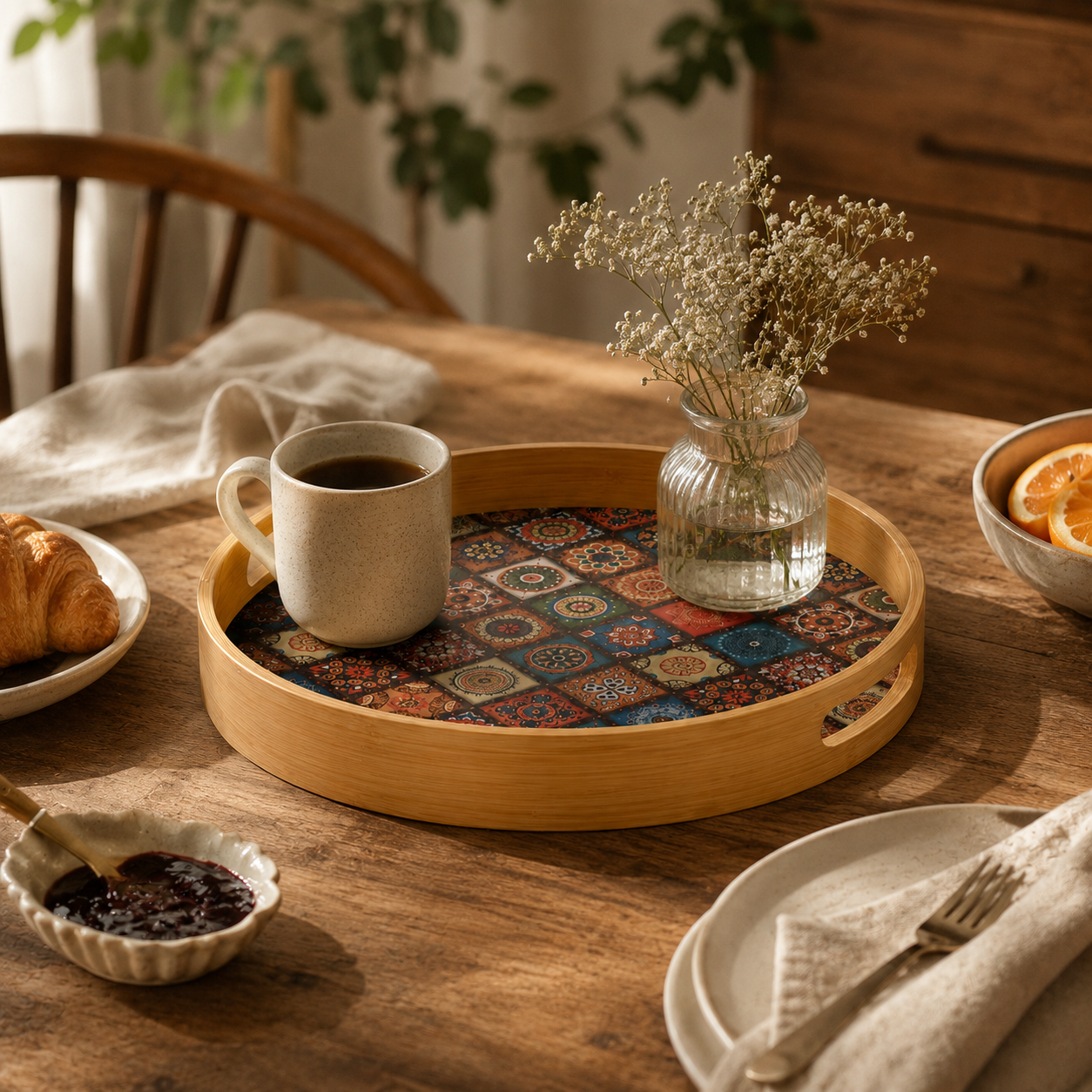 Round Bamboo Serving Tray with Bohemian Pattern alternate angle