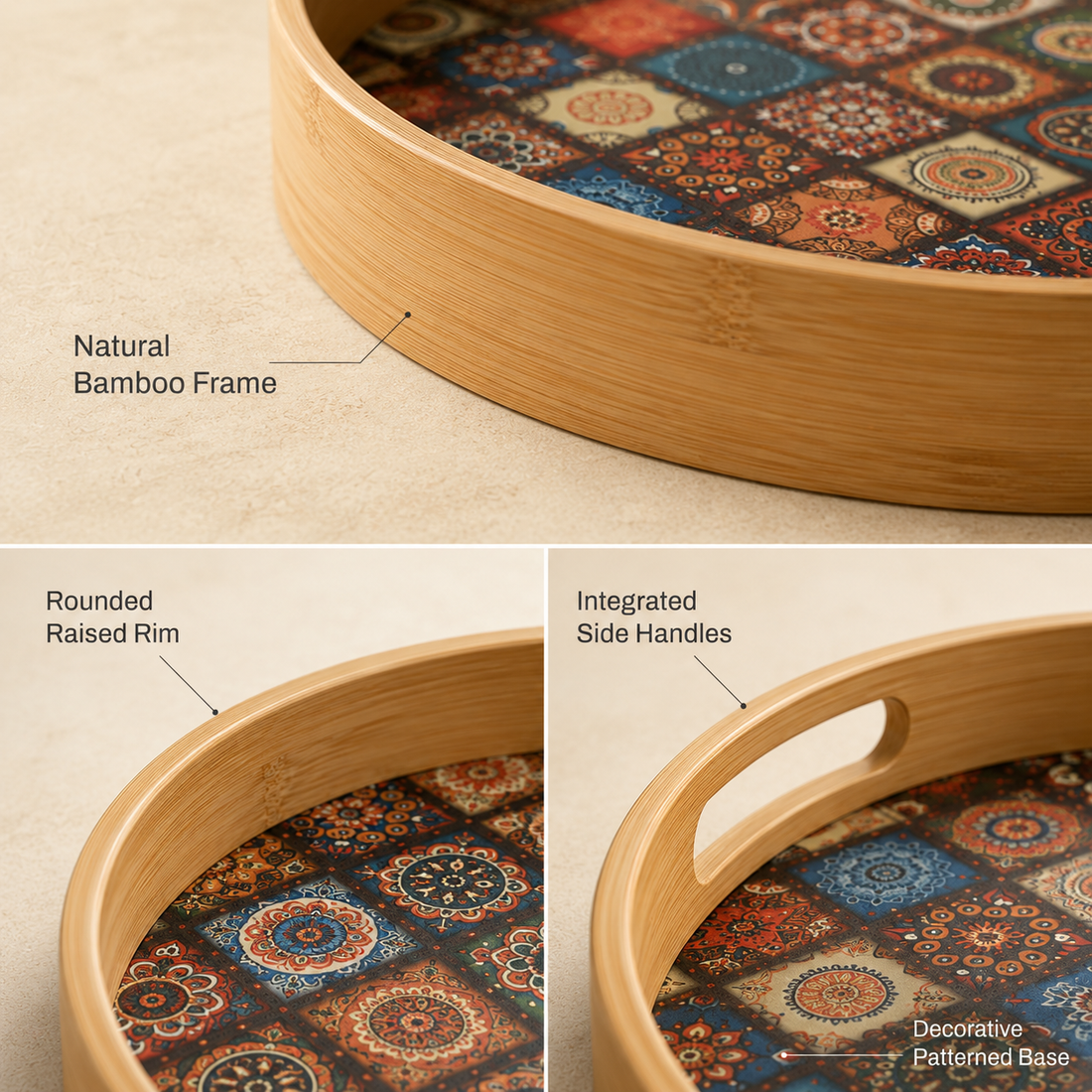 Round Bamboo Serving Tray with Bohemian Pattern styled in a natural home setting