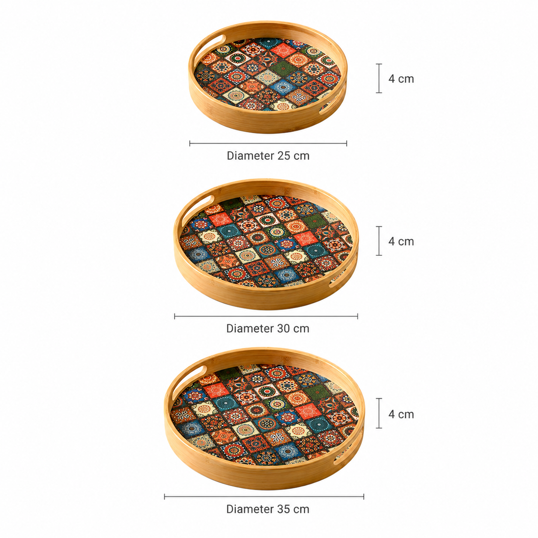 Round Bamboo Serving Tray with Bohemian Pattern woven detail view