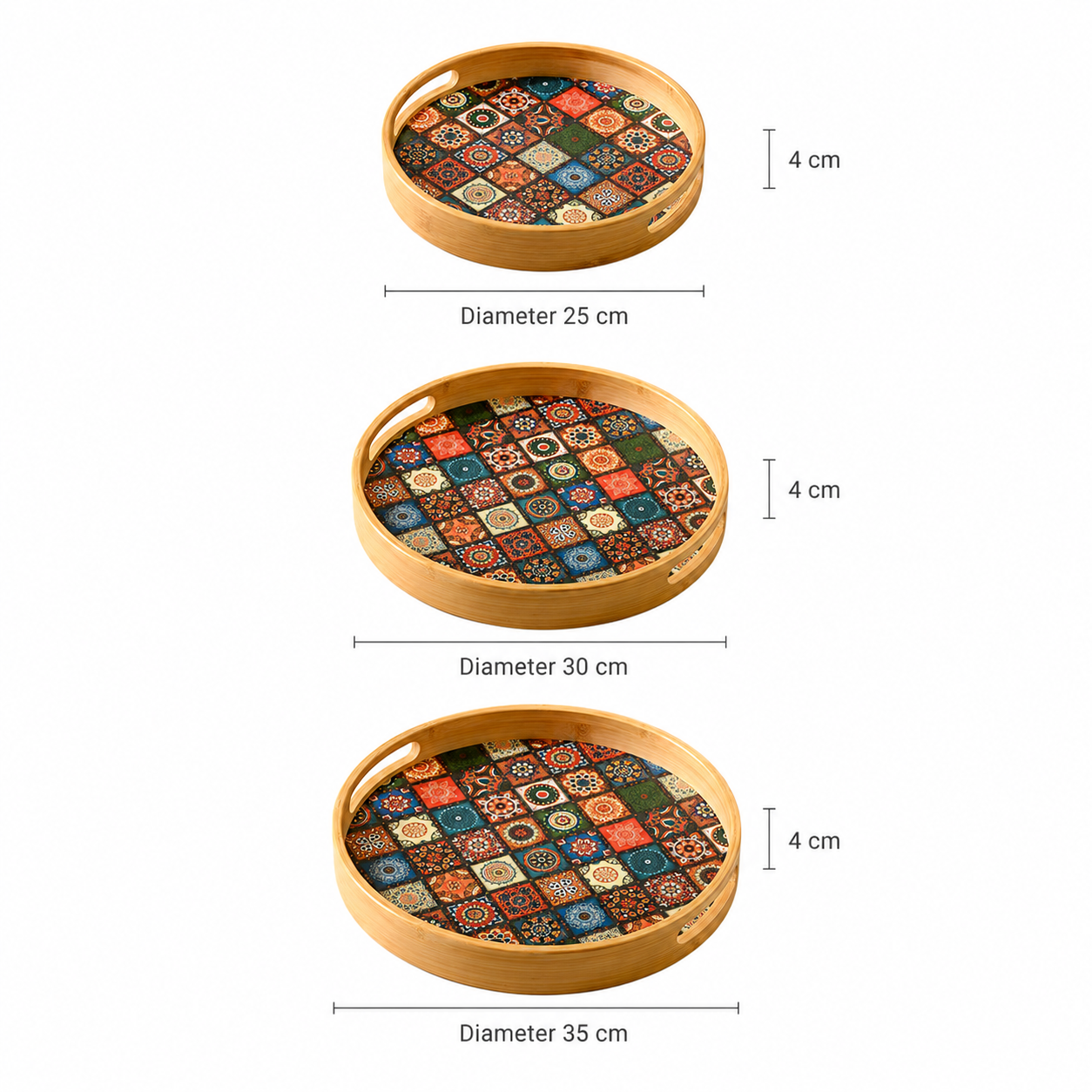 Round Bamboo Serving Tray with Bohemian Pattern woven detail view