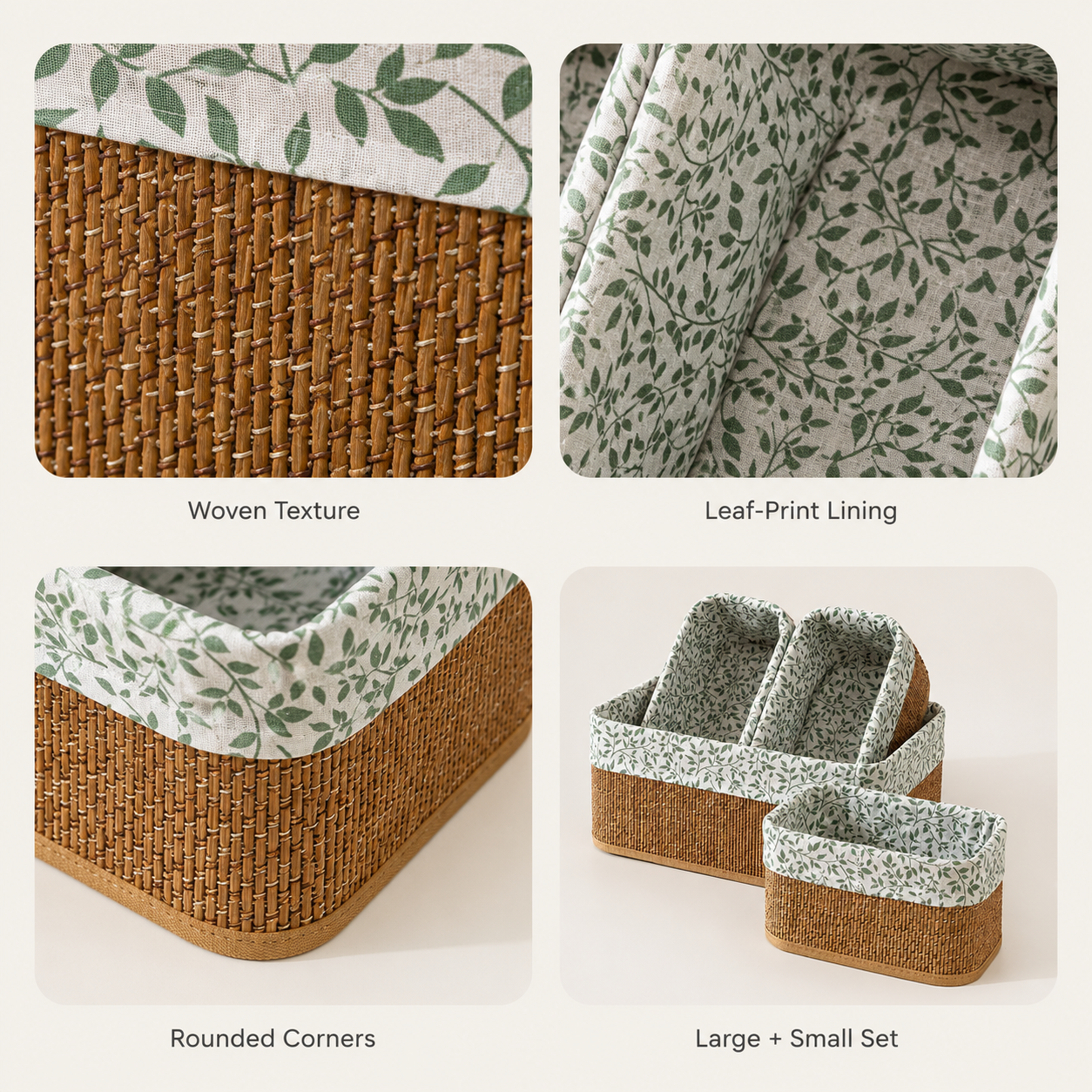 4-Piece Floral Fabric Storage Basket Set styled in a natural home setting