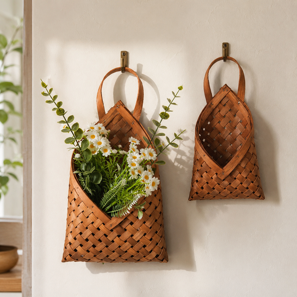Bamboo Wall Hanging Basket Set for Natural Storage styled in a natural home setting