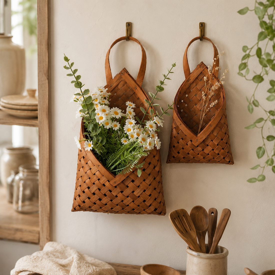 Bamboo Wall Hanging Basket Set for Natural Storage close-up texture