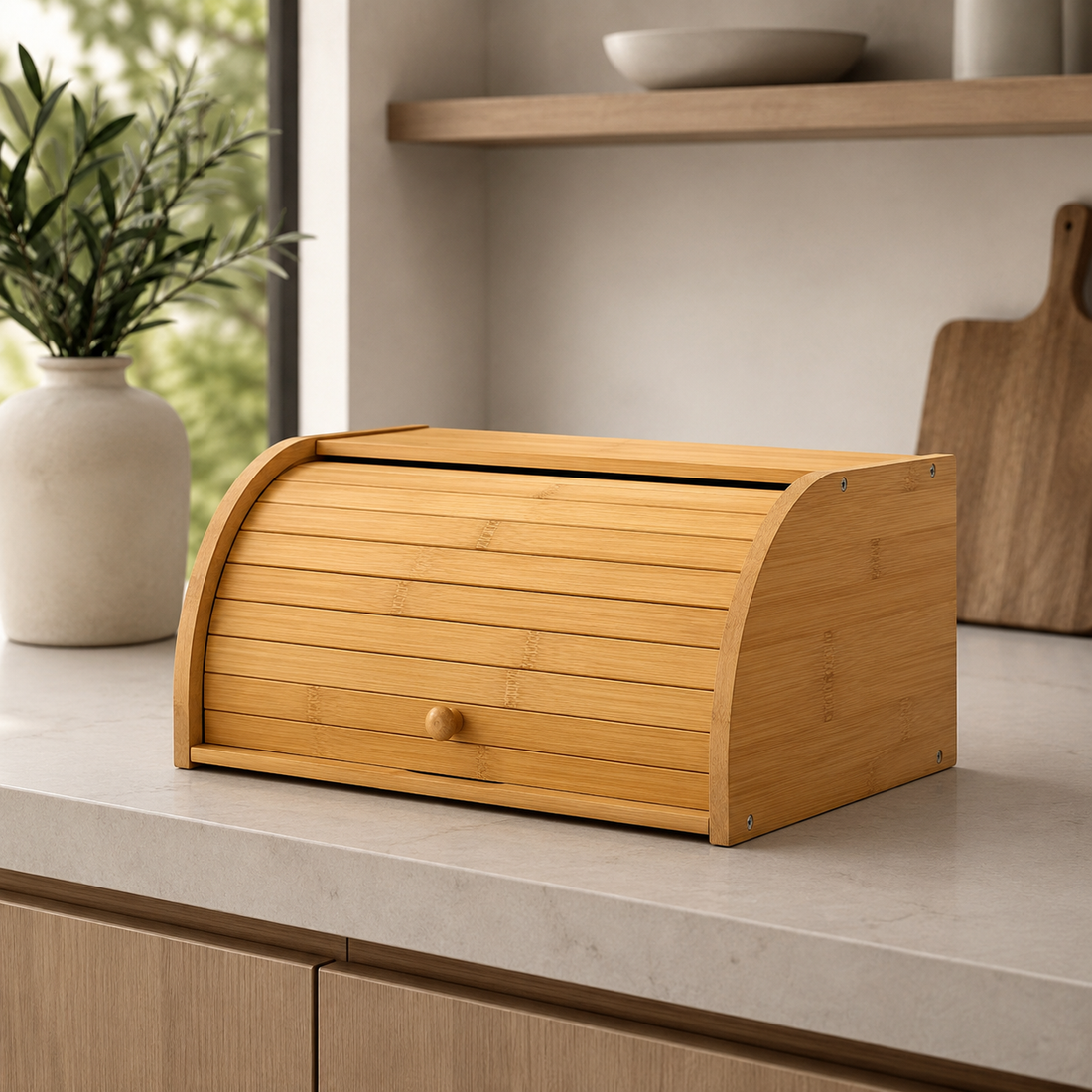 Bamboo bread box with roll-top door displayed beside cutting boards