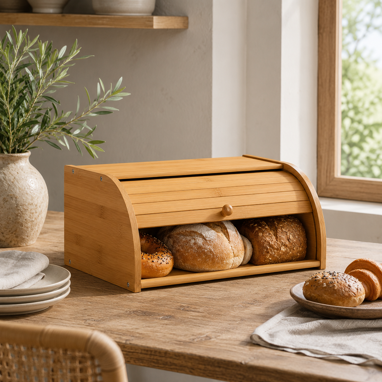 Bamboo roll-top bread box holding bread on a dining table