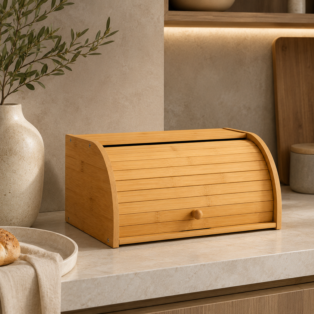Closed bamboo bread box on a light kitchen countertop