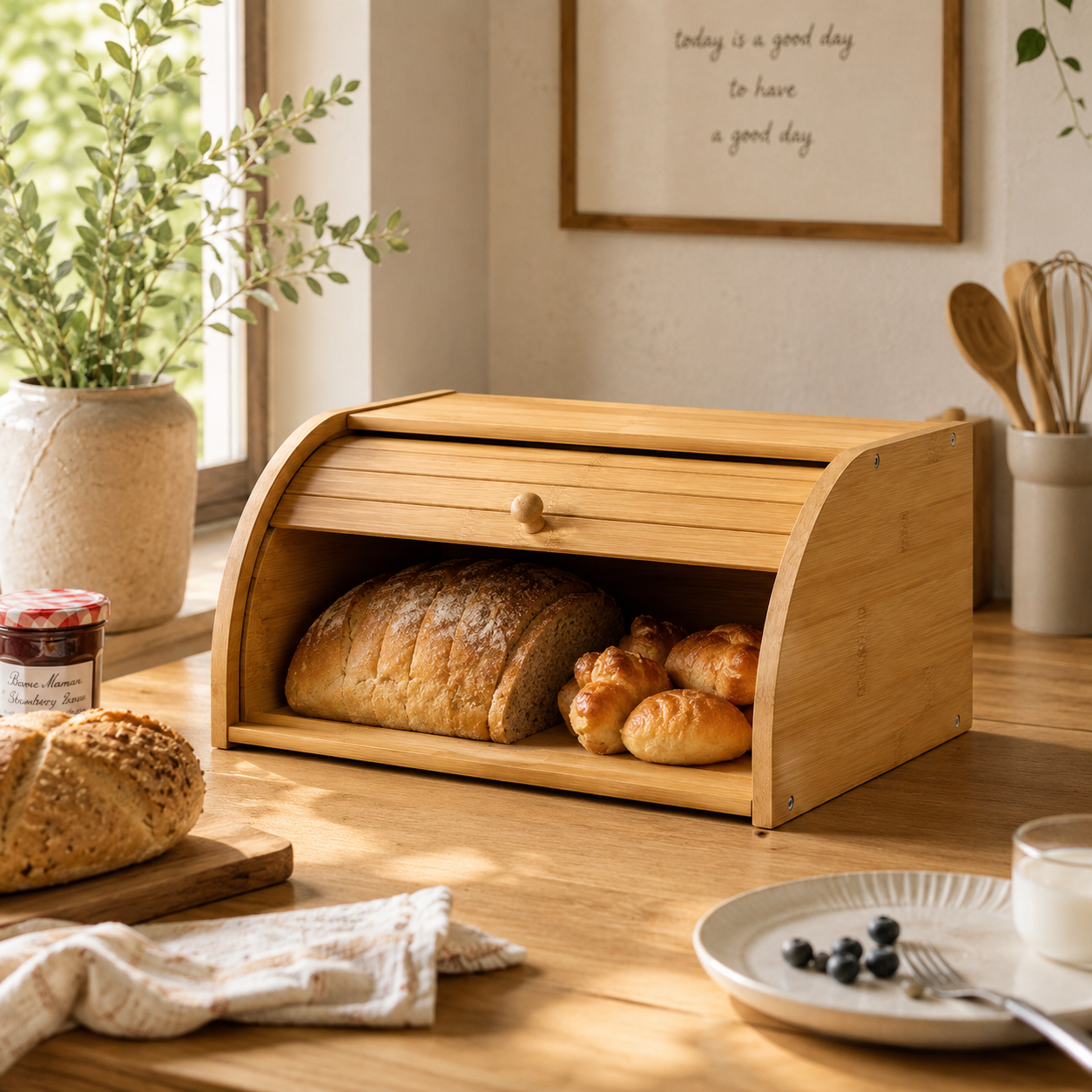 Open bamboo bread box holding loaves and pastries on a kitchen counter