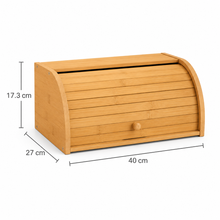Bamboo bread box size diagram measuring 40 by 27 by 17.3 cm