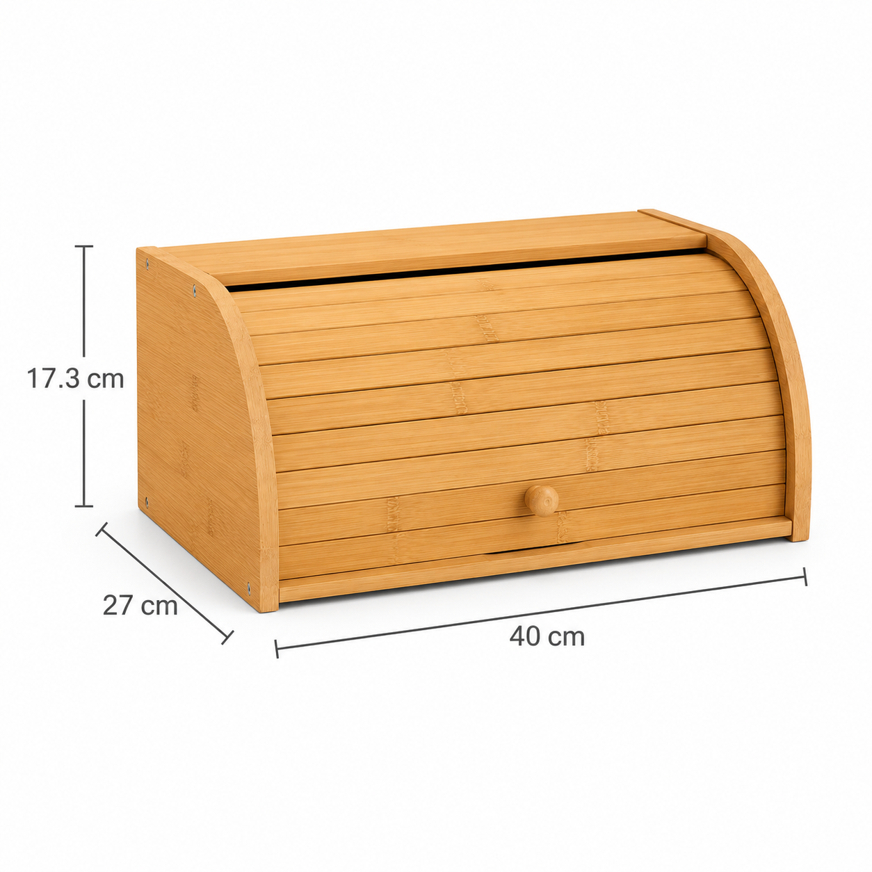 Bamboo bread box size diagram measuring 40 by 27 by 17.3 cm